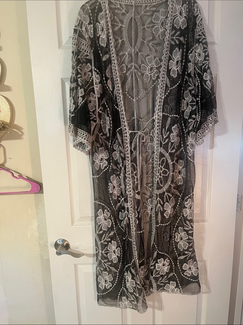 Black Sheer Floral Lace Long Sleeve Duster
